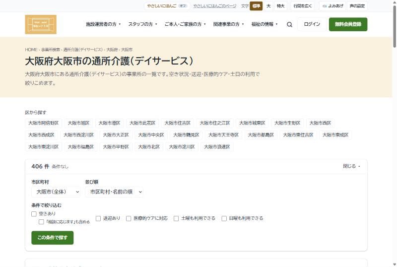 大阪市の通所介護の事業所一覧。区から探すボタンと、空きあり・送迎あり・医療的ケア・土曜・日曜の絞り込み