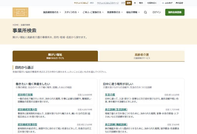事業所検索のページ。障がい福祉と高齢者介護のタブと、目的から選ぶカード